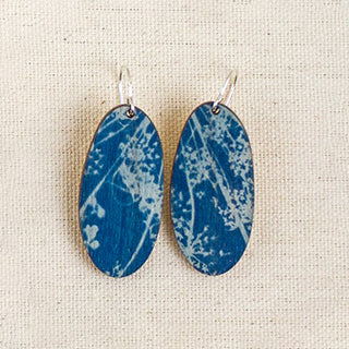 Queen Anne’s Lace Cyanotype Earrings — Long Oval