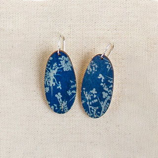 Queen Anne’s Lace Cyanotype Earrings — Long Oval