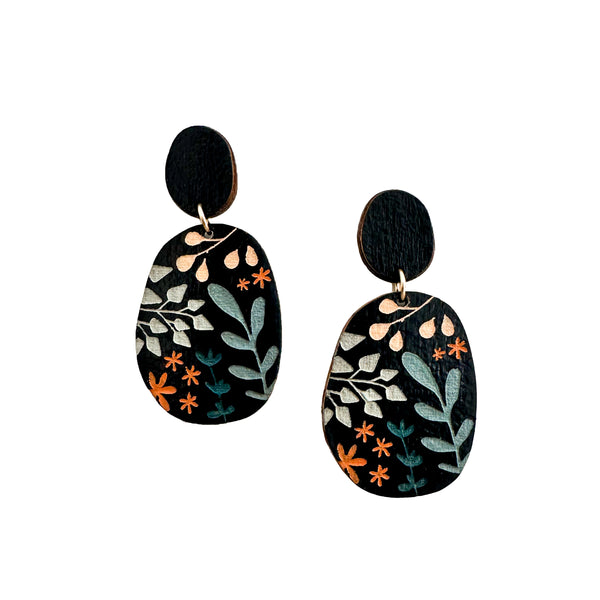 hand painted wooden botanical earrings