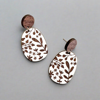 Walnut wood and white botanical earrings