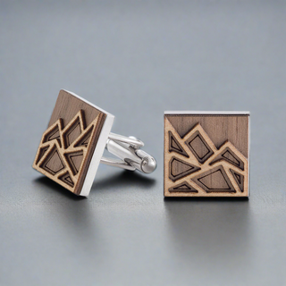 Wood and stainless steel cufflinks with a mountain design
