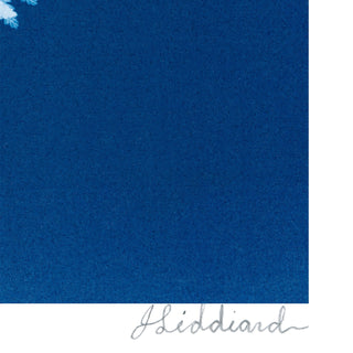 A close-up of a dark blue textured surface with a pale blue fern leaf motif in the upper left corner and a white script signature reading 'J Liddiard' near the bottom.