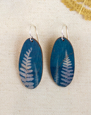 Fern Cyanotype Earrings — Long Oval