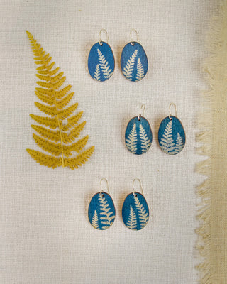 Fern Cyanotype Earrings — Small Oval