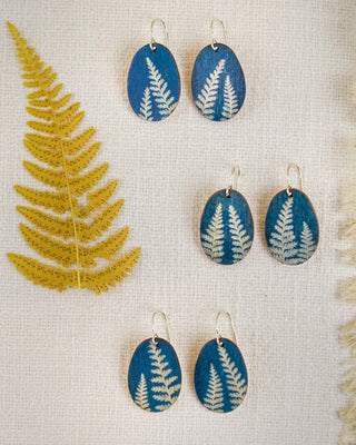 Fern Cyanotype Earrings — Small Oval