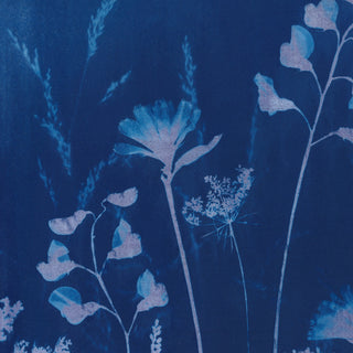 A close-up of a blue floral pattern cyanotype print with pale blue and white botanical silhouettes on a deep blue background.