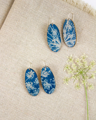 Queen Anne’s Lace Cyanotype Earrings — Long Oval