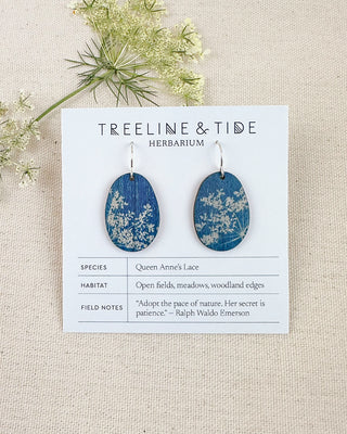 Queen Anne’s Lace Cyanotype Earrings — Small Oval