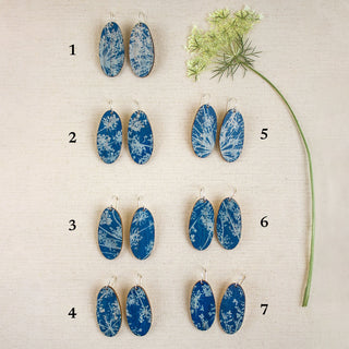 Queen Anne’s Lace Cyanotype Earrings — Long Oval