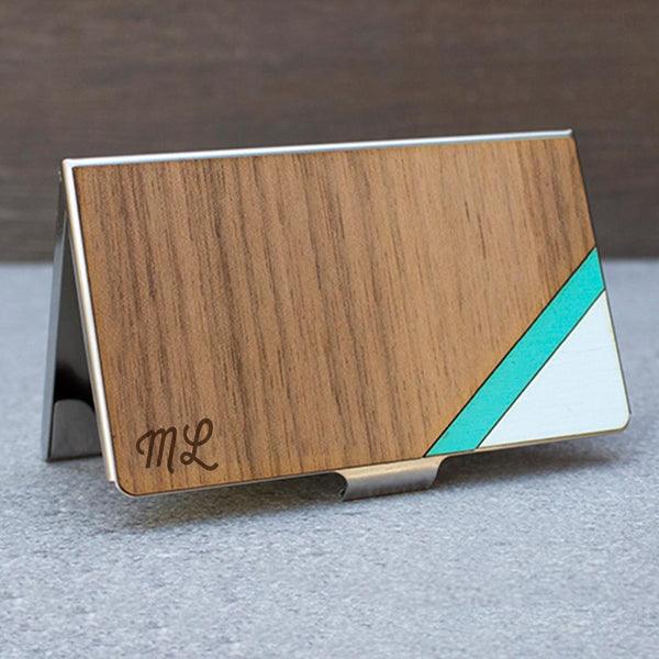 Stripe Card Case Teal & Walnut