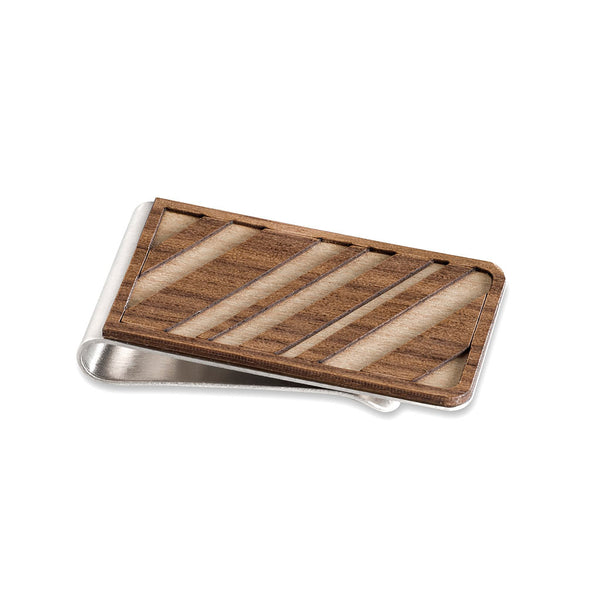 wooden money clip with diagonal lines