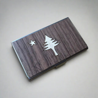 wood and stainless steel card case with the maine state flag